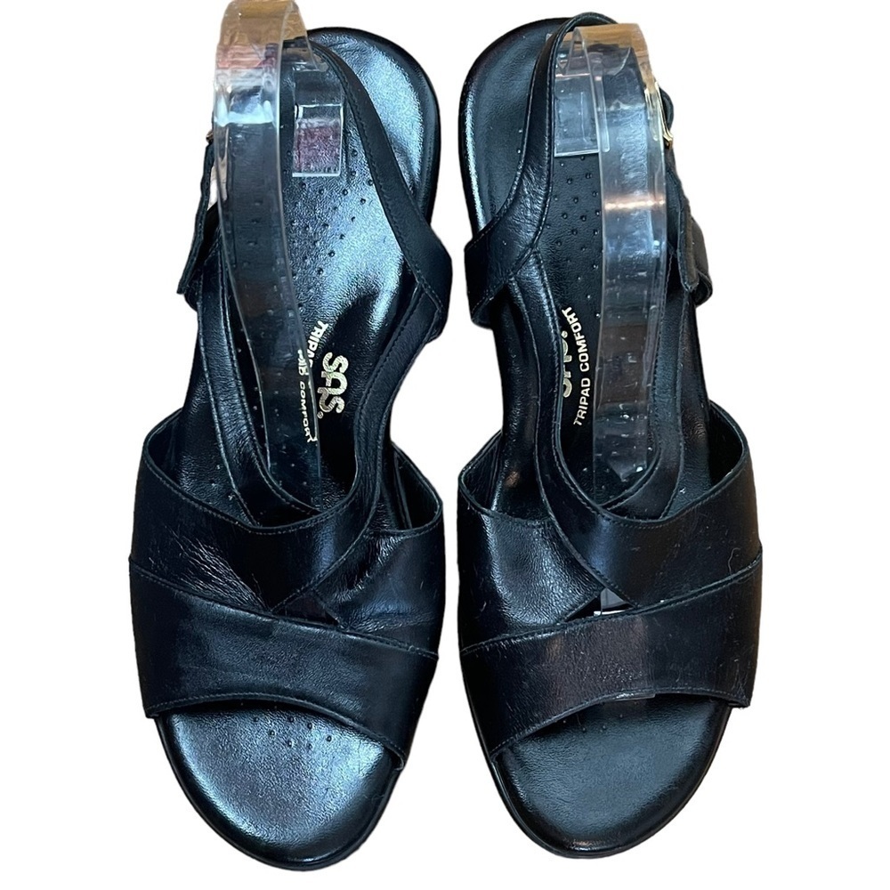 Vintage SAS Black Leather Slingback Open Toe Strappy Wedge Sandals Size 11 - Picture 3 of 9